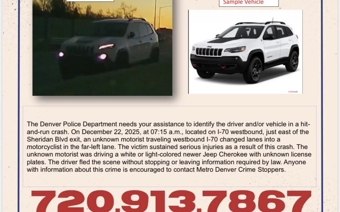 Choque con fuga: Policía de Denver busca Jeep Cherokee tras grave accidente de motociclista en la I‑70