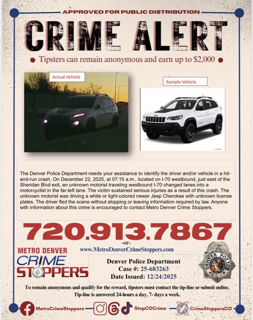 Choque con fuga: Policía de Denver busca Jeep Cherokee tras grave accidente de motociclista en la I‑70