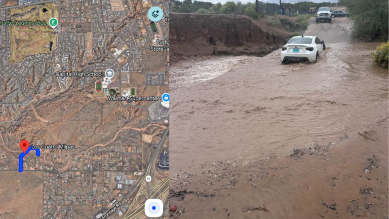 Cierre vial en Santa Fe por severas inundaciones: Los Cuatro Milpas a la altura de Mutt Nelson en Santa Fe